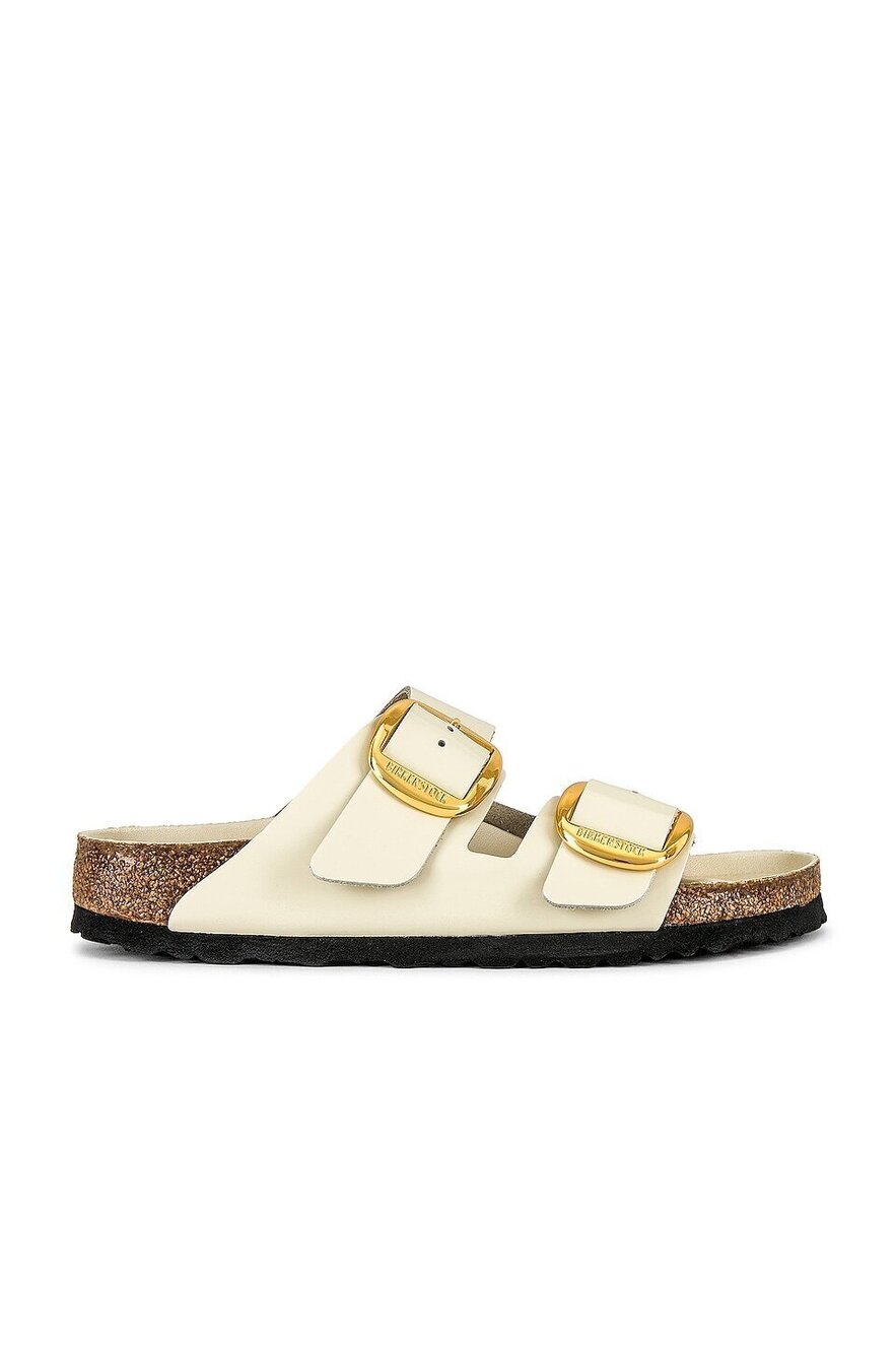BIRKENSTOCK Arizona Big Buckle High Shine Sandal in Ecru leather